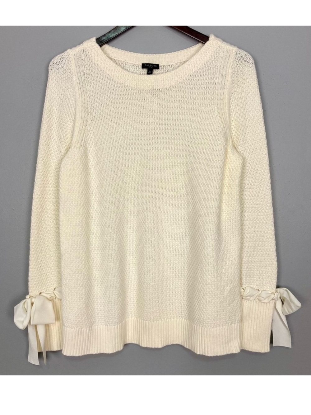 Talbots Lambswool Ribbon Cuff Sweater Women’s Size L Petite Wool Blend Bow Ivory